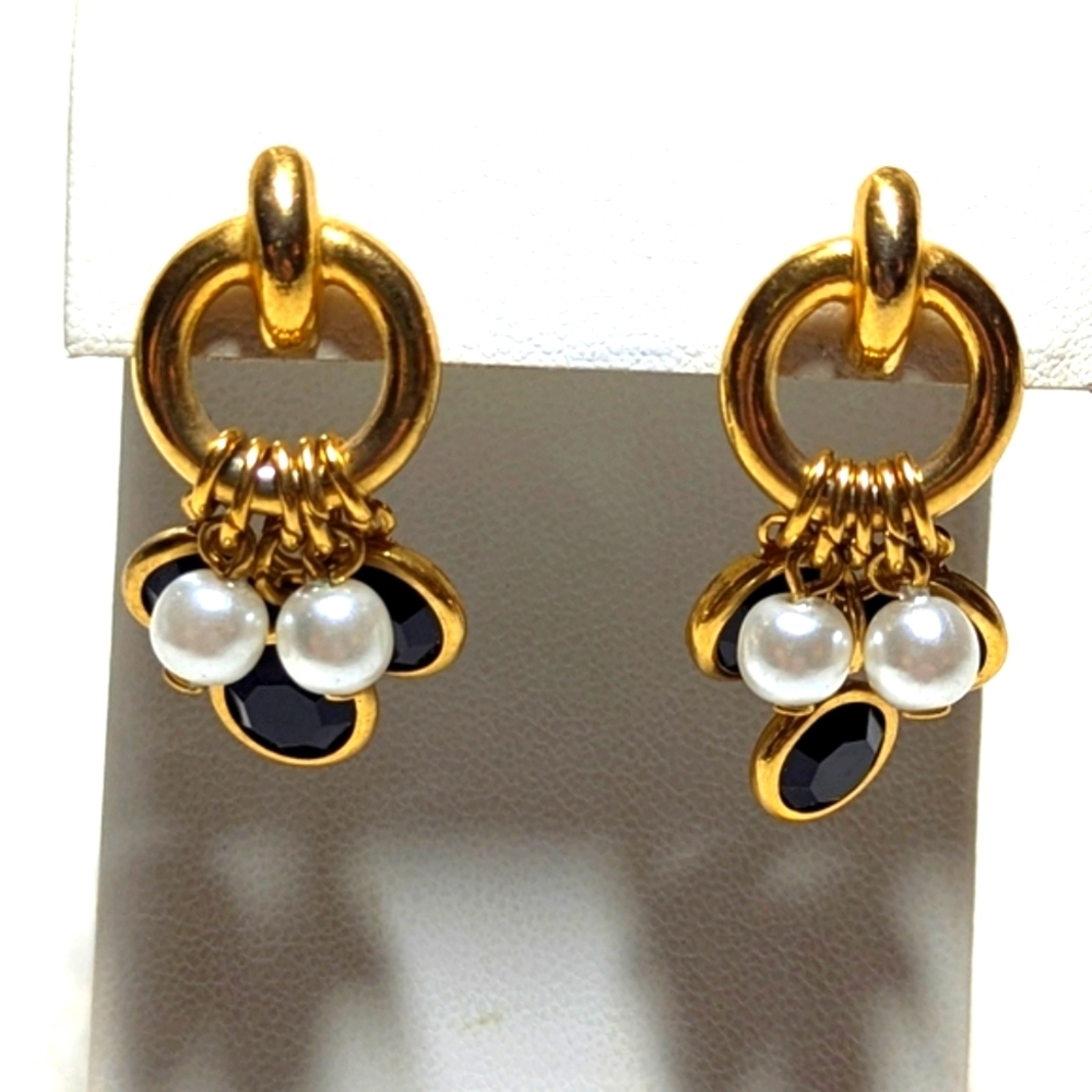 Elegant Goldtone, Black Crystal And Faux Pearl Pierced Dangle Earrings arrings - Picture 3 of 7